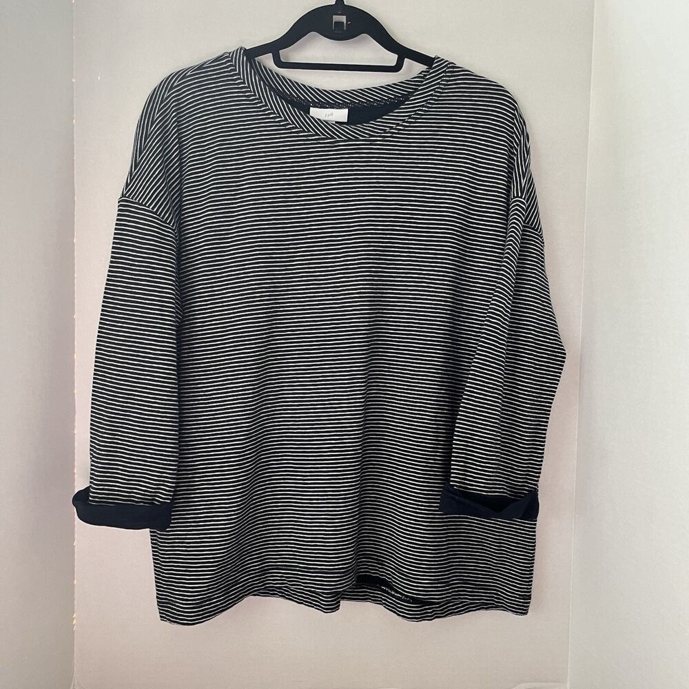 J. Jill Womens L Navy Blue White Striped Long Sleeve Sweater Top Soft